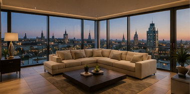 Lichtdurchflutetes Penthouse-Wohnzimmer mit warmem Naturstein und grossen Fensterfronten
